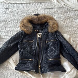 Bally Blue Leather Jacket with Brown Fur Trim - Brand NEW